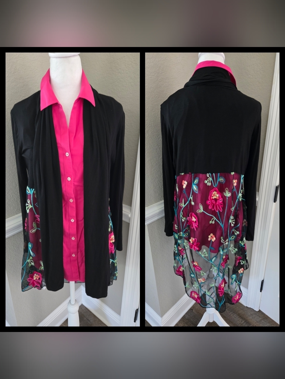 Kim & Cami Open Front Embroidered High Low Cardigan, Medium